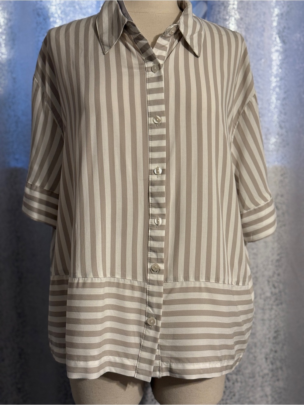 Jane and Delancey Beige and Cream Striped Button-Front Blouse